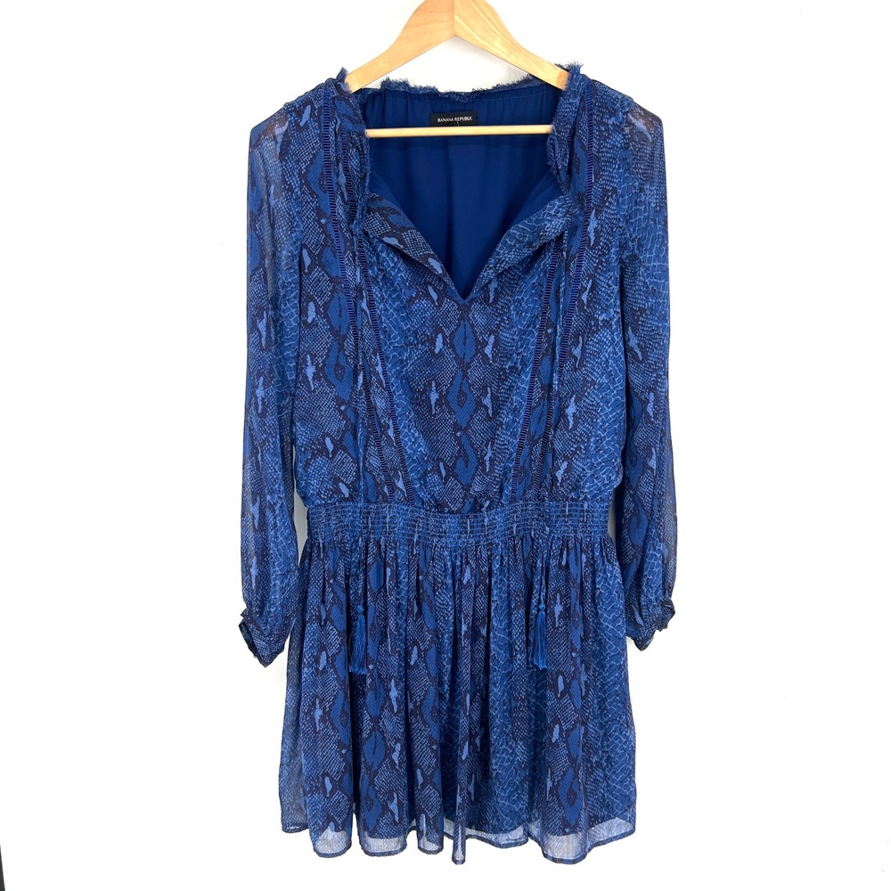 Banana Republic‎ Blue Snake Print Mini Dress Smocked Waist Tassel S 176799-00